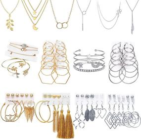 img 4 attached to 💎 Stylish Set of 51 Gold and Silver Jewelry Pieces: 6 Necklaces, 9 Bracelets, and 36 Layered Ball Dangle Hoop Stud Earrings for Women. Perfect Fashion and Valentine Birthday Party Gift.