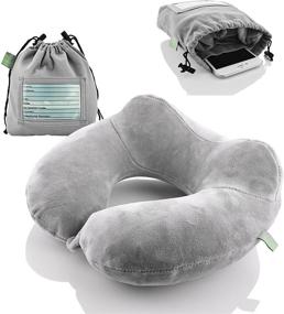 img 4 attached to ✈️ Inflatable Travel Neck Pillow - Extra-Soft Grey Cushion for Airplanes, Trains, Cars: Portable Travel Accessory with Carrying Pouch for Cell Phone and Passport