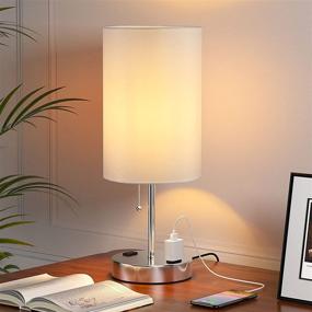 img 3 attached to Small Bedside Table Lamp for Bedroom - Doowo Nightstand Lamp with Pull Chain & 2-Pin Outlets, White Fabric Shade & Metal Base, for Living Room & Office (Bulb Not Included)