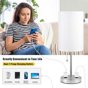 img 1 attached to Small Bedside Table Lamp for Bedroom - Doowo Nightstand Lamp with Pull Chain & 2-Pin Outlets, White Fabric Shade & Metal Base, for Living Room & Office (Bulb Not Included)