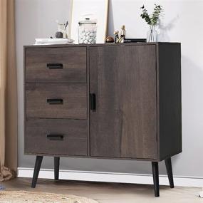 img 3 attached to 🏬 IWELL Mid Century Storage Cabinet with Adjustable Shelf, Door & 3 Drawers, Dark Brown - Ideal for Living Room, Bedroom, Home Office Floor Storage