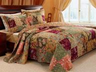 🛏️ 3 piece oversized king bedspread quilt set with floor-length french country patchwork pattern, floral paisley prints in red coral, moss sage green, mustard yellow, golden tan, and navy blue - exquisite color palette! logo