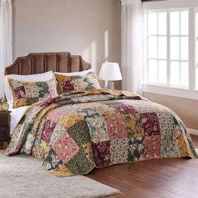 img 3 attached to 🛏️ 3 Piece Oversized King Bedspread Quilt Set with Floor-Length French Country Patchwork Pattern, Floral Paisley Prints in Red Coral, Moss Sage Green, Mustard Yellow, Golden Tan, and Navy Blue - Exquisite Color Palette!