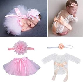 img 4 attached to Newborn Photography Props Set - 4PCS Baby Tutu Skirt, Bow Headdress, Lace Rompers & Flower Headband Outfits for Infant Girls and Boys (Lace Romper + Tutu Shirt)