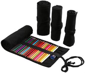 img 3 attached to Large Capacity 72-Slot Handmade Canvas Pencil Roll Wrap, Multiuse Pen Curtain for Coloring Pencil Holder Organizer - Black