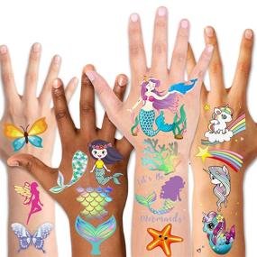 img 4 attached to 🎉 80pcs Temporary Tattoos for Kids - Glitter Mermaid, Unicorn, and Butterfly Designs. Perfect for Girls Birthday Party Favors, Supplies, Accessories, Goodie Bags, and Party Fillers. Konsait Brand