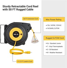img 3 attached to 🔌 Durable and Efficient DEWENWILS 50FT Retractable Extension Cord Reel - UL Listed, 14AWG/3C SJTOW, 13A Circuit Breaker, Triple Outlets - Ideal for Garage or Workshop in Yellow