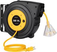 🔌 durable and efficient dewenwils 50ft retractable extension cord reel - ul listed, 14awg/3c sjtow, 13a circuit breaker, triple outlets - ideal for garage or workshop in yellow logo