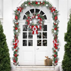 img 2 attached to Valery Madelyn 9ft Pre-Lit Traditional Red and White Christmas Garland, 40 Warm LED Lights, Ball Ornaments, and Berries for Front Door, Window, Fireplace Mantle Xmas Decor - Battery Operated