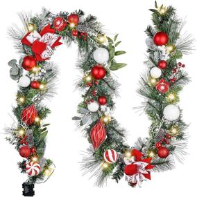 img 4 attached to Valery Madelyn 9ft Pre-Lit Traditional Red and White Christmas Garland, 40 Warm LED Lights, Ball Ornaments, and Berries for Front Door, Window, Fireplace Mantle Xmas Decor - Battery Operated