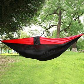 img 1 attached to 🏕️ Camping Hammock - Double & Single Portable Hammocks with 2 Tree Straps and Carabiners - Easy Assembly - Lightweight Parachute Nylon Hammocks for Backpacking, Travel, Beach, Backyard, Hiking (Red/Black)