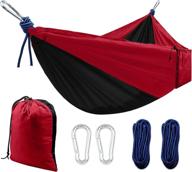 🏕️ camping hammock - double & single portable hammocks with 2 tree straps and carabiners - easy assembly - lightweight parachute nylon hammocks for backpacking, travel, beach, backyard, hiking (red/black) логотип