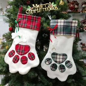 img 3 attached to SherryDC Dog Cat Paw Christmas Stockings: Festive Plush & Plaid Hanging Socks for Holiday Decor