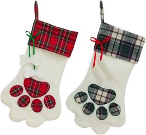 img 4 attached to SherryDC Dog Cat Paw Christmas Stockings: Festive Plush & Plaid Hanging Socks for Holiday Decor