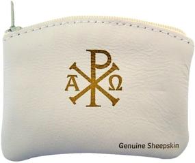 img 1 attached to WJ Hirten Ava Maria and Chi Rho Cross Rosary Case - Sheepskin Leather with Velvet Lining, White, 3 1/4 Inch