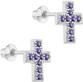 img 3 attached to 🎀 Delicate Rhodium Plated Cross Earrings adorned with Purple Cubic Zirconia – Chic Safety Screw Back Jewelry for Little Girls and Young Toddlers