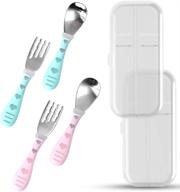 🍽️ premium stainless steel toddler flatware set with travel cases - 2 sets of baby forks and spoons for self feeding - blue & pink utensils for easy carrying logo