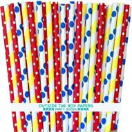 75 pack of 7.75 inch paper straws with circus theme polka dots and stripes in red, blue, yellow, and white by outside the box papers logo