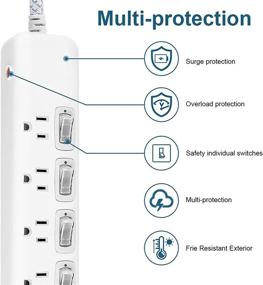 img 2 attached to 🔌 Премиум розетка-удлинитель с функцией защиты от перенапряжения, с индивидуальными переключателями - 10-футовый прочный удлинительный шнур и плоским вилкой - стенной многопортовый выключатель - 15A / 125V / 1875W - идеально подходит для домашнего и офисного использования (белый)