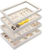 mebbay stackable white velvet jewelry trays organizer set: clear 📿 lid storage for drawer, earrings, necklaces, bracelets, rings - set of 4 логотип