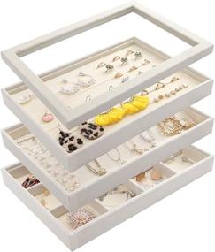 img 4 attached to Mebbay Stackable White Velvet Jewelry Trays Organizer Set: Clear 📿 Lid Storage for Drawer, Earrings, Necklaces, Bracelets, Rings - Set of 4