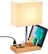 🌟 dreamholder desk lamp - usb table lamp with 3 usb charging ports, 2 ac outlets, 3 phone stands, natural wooden base, and cream linen shade логотип