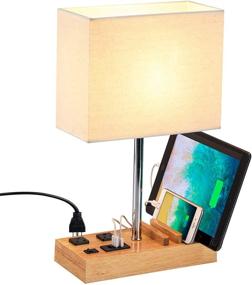 img 4 attached to 🌟 Dreamholder Desk Lamp - USB Table Lamp with 3 USB Charging Ports, 2 AC Outlets, 3 Phone Stands, Natural Wooden Base, and Cream Linen Shade