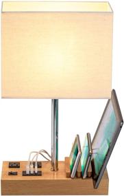 img 3 attached to 🌟 Dreamholder Desk Lamp - USB Table Lamp with 3 USB Charging Ports, 2 AC Outlets, 3 Phone Stands, Natural Wooden Base, and Cream Linen Shade