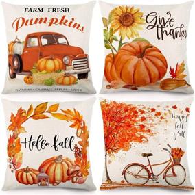 img 4 attached to 🍁 Festive Fall Pillow Covers - 18x18 Inches Autumn Decorations, Thanksgiving Theme Farmhouse Décor Outdoor Throw Pillowcase. Cotton Linen Cushion Case for Home Decor Set of 4