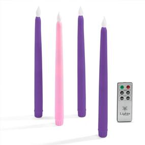 img 3 attached to Set of 4 Flameless Advent Candles - 10 Inch Flickering LED Flame Taper Candlesticks, Remote Controlled with Purple and Pink Colored Wax for Christmas Advent Wreath - Includes All Batteries