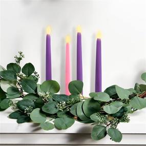 img 1 attached to Set of 4 Flameless Advent Candles - 10 Inch Flickering LED Flame Taper Candlesticks, Remote Controlled with Purple and Pink Colored Wax for Christmas Advent Wreath - Includes All Batteries