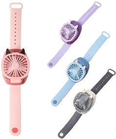 img 4 attached to 🐱 Cat Design Mini Watch Hand Held Fan: Portable USB Charging & Rechargeable with Colorful LED Lights for Outdoor Use