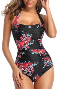 img 4 attached to 👙 Smismivo Tummy Control Swimwear: Vintage Retro Halter One Piece for Slimming & Push Up; Womens Ruched Plus Size Bathing Suit