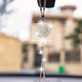 img 2 attached to 💎 YIDEXIN Bling Car Accessories for Women and Men - White Heart and Pink Fuzzy Drops Rinestone Diamond Car Accessories - Crystal Car Rear View Mirror Charms - Lucky Hanging Accessories (White)