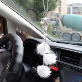 img 4 attached to 💎 YIDEXIN Bling Car Accessories for Women and Men - White Heart and Pink Fuzzy Drops Rinestone Diamond Car Accessories - Crystal Car Rear View Mirror Charms - Lucky Hanging Accessories (White)