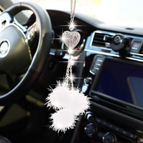 img 3 attached to 💎 YIDEXIN Bling Car Accessories for Women and Men - White Heart and Pink Fuzzy Drops Rinestone Diamond Car Accessories - Crystal Car Rear View Mirror Charms - Lucky Hanging Accessories (White)