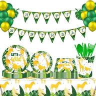 🦒 safari birthday decorations set - 136pcs, golden green jungle animals party favors, let's get wild party supplies, birthday banner, balloon, tablecloth, tableware | safari baby shower decorations for boy logo