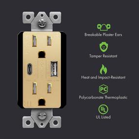 img 3 attached to 🔌 Верхний трансформер Ultra High Speed ​​USB Type-C/A настенная розетка, 15A, с защитой от злоумышленников, совместима с iPhone SE/11/XS/XR/X, Samsung Galaxy S20/S10/S9, LG, HTC и другими, сертифицирована UL, TU21558AC, золото