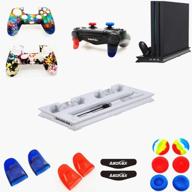 🕹️ enhanced cooling fan vertical stand for ps4 pro with complete accessories kit (1pc cool fan, 2pcs silicone cover, 4pcs l2r2 trigger extender, 6pcs thumb grips, 4pcs led light bar decal) - white логотип