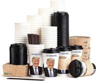 🍵 trump coffee cups - 16oz set of 100: sleeves, black lids & stirrer straws - travel to go disposable cups - paper coffee cups - like starbucks - by stone boomer logo