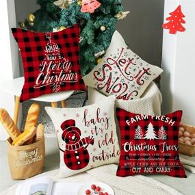 img 4 attached to 🎄 Set of 4 Christmas Pillow Covers 18x18 Inch - Linen Square Buffalo Plaid Style Pillowcases for Farmhouse Home Decor - Red Xmas Decorations for Bed and Sofa - Cushion Case