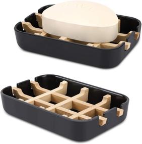 img 4 attached to 🎍 Fufengz Bamboo Wooden Soap Dishes: Stylish Bar Soap Holder Set for Bathroom, Shower, and Sink (Two Pieces in Black)