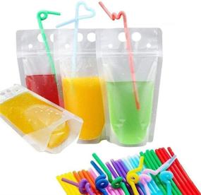 img 4 attached to 🥤 Besokuse Reclosable Drink Pouches Bags - Stand up Zipper Ice Drinking Bags, Heat-Proof Hand-held Drinking Bags with Plastic Straw (50 Pack)