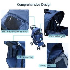 img 3 attached to Convenient One-Hand Fold Pet Stroller for Cats/Dogs - Maylai Navy Blue with Reinforced Universal Wheel, Removable Liner, and Handy Storage Basket Cup