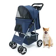 convenient one-hand fold pet stroller for cats/dogs - maylai navy blue with reinforced universal wheel, removable liner, and handy storage basket cup logo