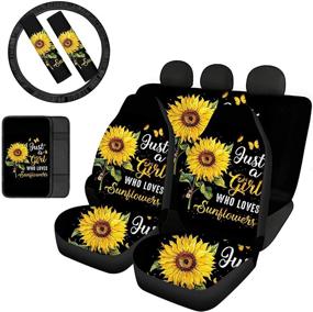 img 4 attached to HUGS IDEA Just A Girl Who Loves Sunflower Print Set Of 8 Pack Car Seat Covers Front Rear Seats Cushion Protector Steering Wheel Cover Armrest Lid Pad Seatbelt Safety Protectors