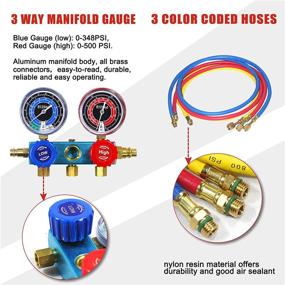 img 1 attached to AutoWanderer Tool: 3 Way AC Diagnostic Manifold Gauge Set for R1234yf - 3 Colored Hose, 2 Quick Couplers, 1 Valve Spanner