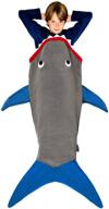 blankie tails shark blanket: cozy minky fleece wearable blanket for kids (ages 5-12), glow in the dark, gray & blue logo