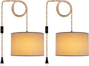 img 4 attached to QIYIZM Plug in Pendant Light - Stylish Hanging Light Fixture for Living Room and Bedroom - 2 Pack with 15FT Hemp Rope and Gray Linen Shade - Perfect for Kitchen - LED Bulb Included