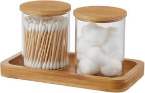 img 4 attached to 🛁 YININE Glass Qtip Holder Bathroom Jars with Vanity Tray - Organize Cotton Balls, Hair Ties, Q Tips, and More!